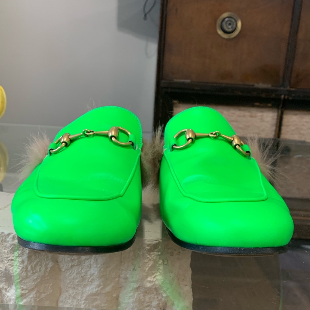 Neon green fur lined Gucci slip ons - Picture 1 of 10